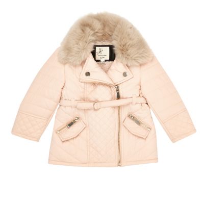 Mini girls cream faux fur padded jacket